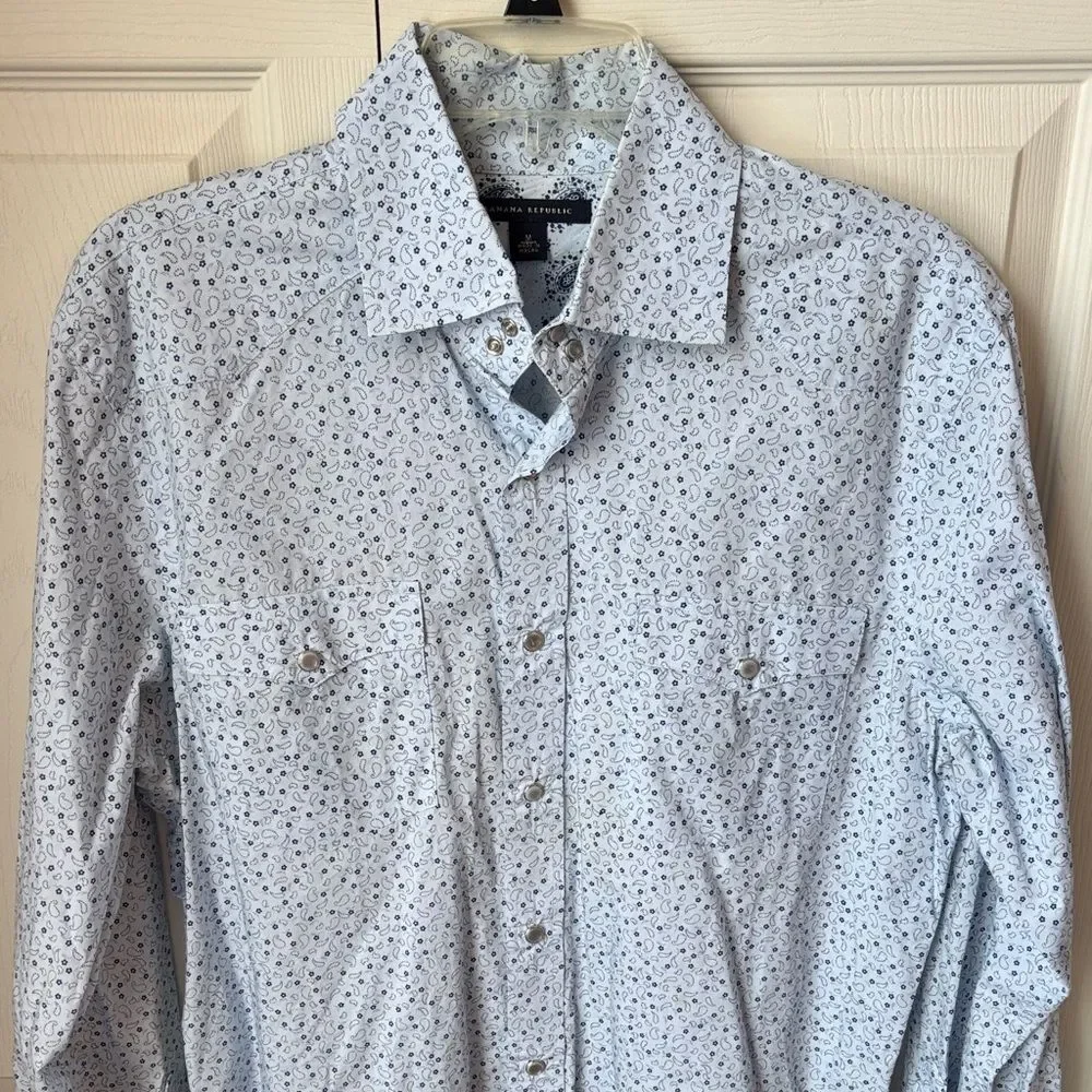 Banana Republic Men Pearl snap western Blue paisley button down Shirt medium EUC